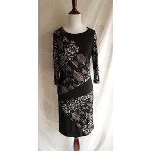 Taylor Black Grey Printed 3/4 Sleeve Jersey Career Sheath Dress - Size 2